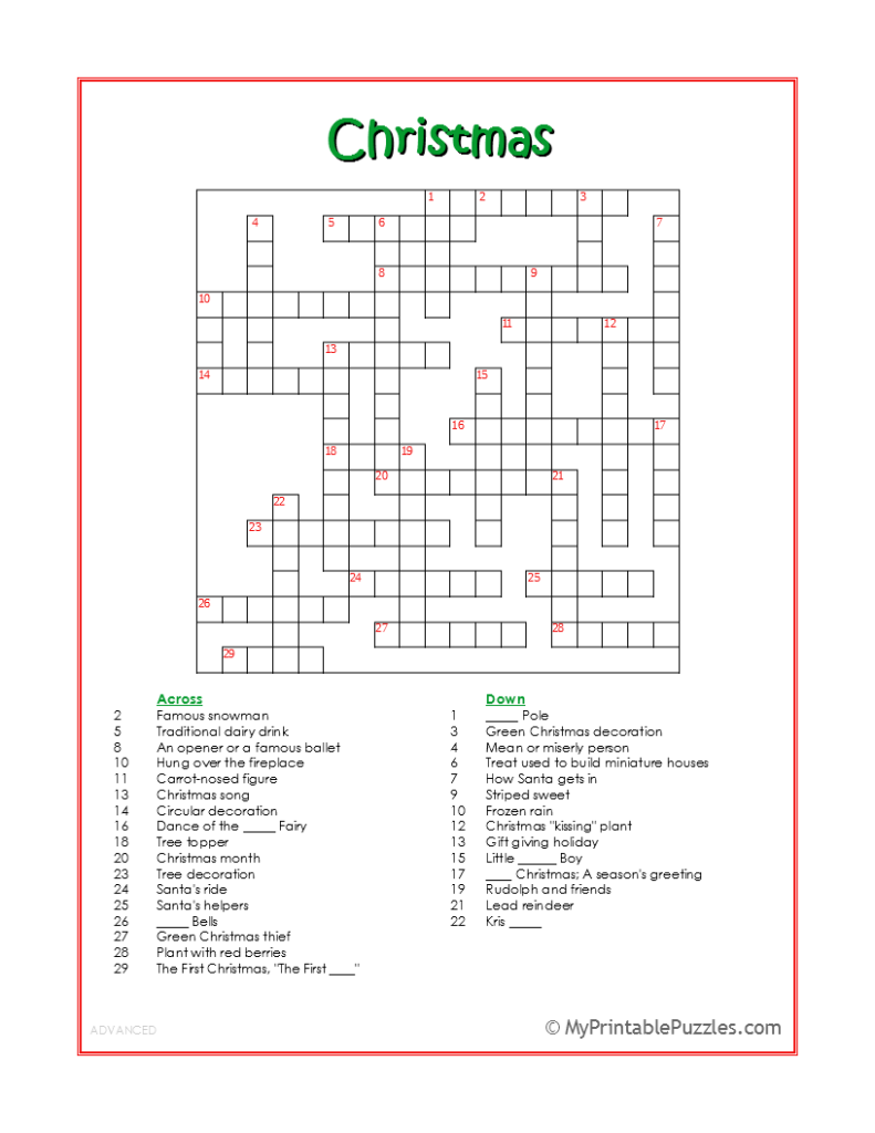 christmas crossword puzzle - advanced | my printable puzzles
